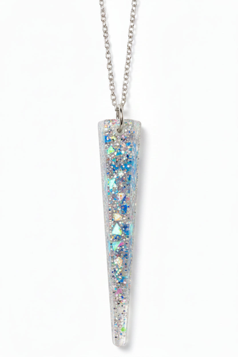 Holographic pieces and silver glitter with white backround. long oblique shaped 
